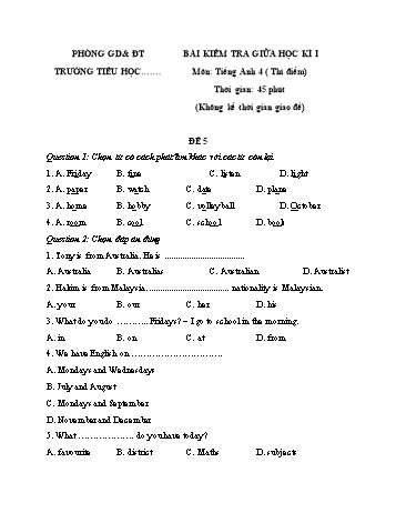 15 Bài kiểm tra giữa học kì I môn Tiếng Anh Lớp 4 (Thí điểm) - Đề 5