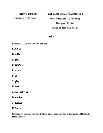 15 Bài kiểm tra giữa học kì I môn Tiếng Anh Lớp 4 (Thí điểm) - Đề 9