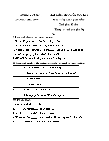 20 Bài kiểm tra giữa học kì I môn Tiếng Anh Lớp 4 (Thí điểm)