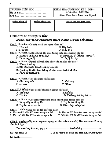 Bài kiểm tra cuối học kì I môn Khoa học Lớp 4 - Năm học 2022-2023 (Có đáp án)