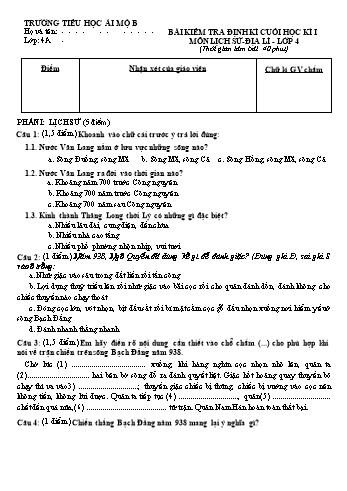 Bài kiểm tra định kì cuối học kì I môn Lịch sử - Địa lí Lớp 4 - Trường Tiểu học Ái Mộ B
