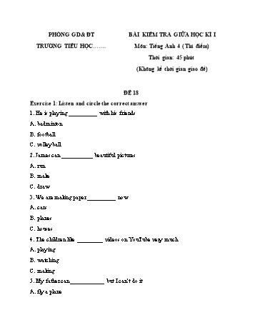 Bài kiểm tra giữa học kì I môn Tiếng Anh Lớp 4 (Thí điểm) - Đề 18