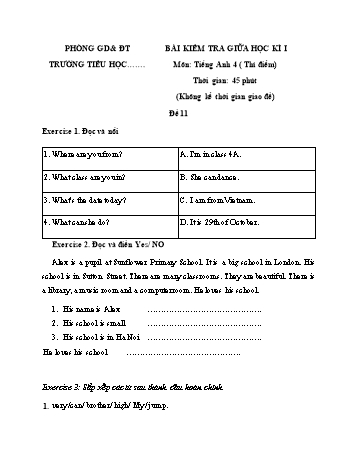 Bài kiểm tra giữa học kì I môn Tiếng Anh Lớp 4 (Thí điểm) - Đề 11