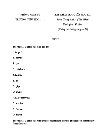 Bài kiểm tra giữa học kì I môn Tiếng Anh Lớp 4 (Thí điểm) - Đề 17