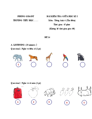 Bài kiểm tra giữa học kì I môn Tiếng Anh Lớp 4 (Thí điểm) - Đề 14