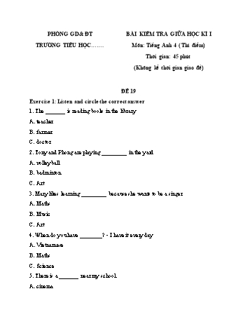 Bài kiểm tra giữa học kì I môn Tiếng Anh Lớp 4 (Thí điểm) - Đề 19