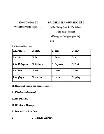 Bài kiểm tra giữa học kì I môn Tiếng Anh Lớp 4 (Thí điểm) - Đề 2