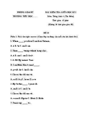 Bài kiểm tra giữa học kì I môn Tiếng Anh Lớp 4 (Thí điểm) - Đề 20