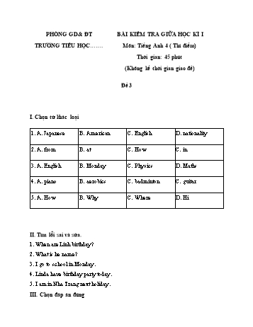 Bài kiểm tra giữa học kì I môn Tiếng Anh Lớp 4 (Thí điểm) - Đề 3