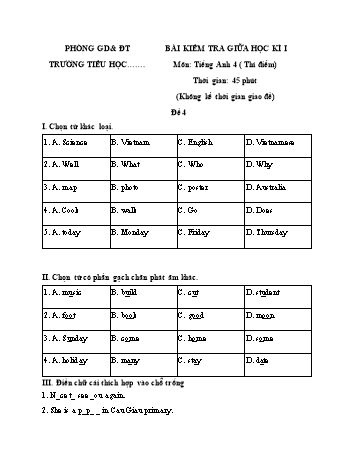 Bài kiểm tra giữa học kì I môn Tiếng Anh Lớp 4 (Thí điểm) - Đề 4