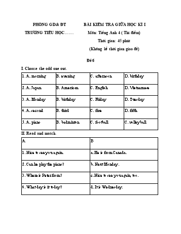 Bài kiểm tra giữa học kì I môn Tiếng Anh Lớp 4 (Thí điểm) - Đề 6