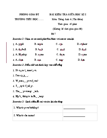 Bài kiểm tra giữa học kì I môn Tiếng Anh Lớp 4 (Thí điểm) - Đề 7