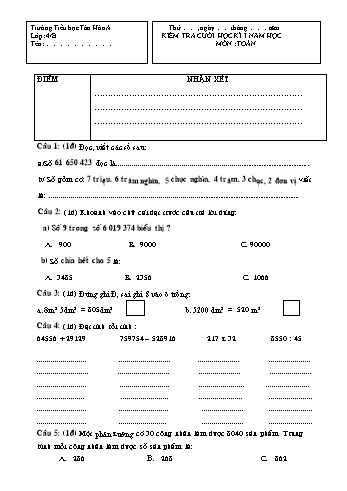 Đề kiểm tra cuối học kì I các môn Toán + Tiếng Việt Lớp 4 - Trường Tiểu học Tân Hòa A