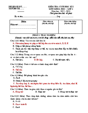 Đề kiểm tra cuối học kì I môn Khoa học Lớp 4 - Năm học 2022-2023 (Có đáp án)