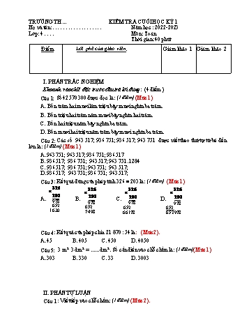 Đề kiểm tra cuối học kỳ 1 môn Toán Lớp 4 - Năm học 2022-2023 (Có đáp án)