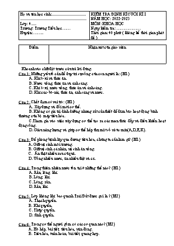 Đề kiểm tra định kì cuối kì I năm học 2022-2023 môn Khoa học Lớp 4 (Có đáp án)