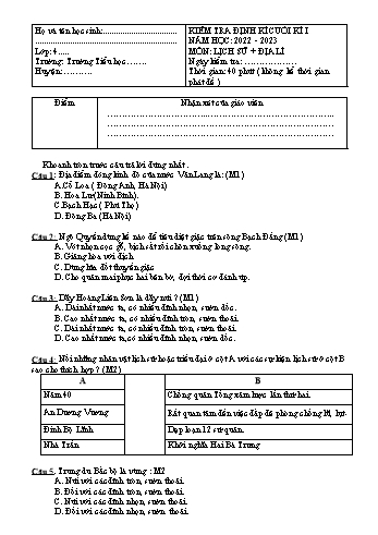 Đề kiểm tra định kì cuối kì I năm học 2022-2023 môn Lịch sử + Địa lí Lớp 4 (Có hướng dẫn)