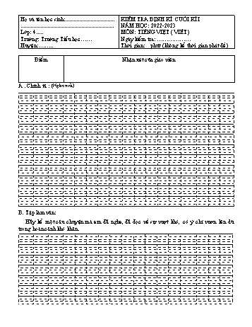 Đề kiểm tra định kì cuối kì I năm học 2022-2023 môn Tiếng Việt Lớp 4 (Viế