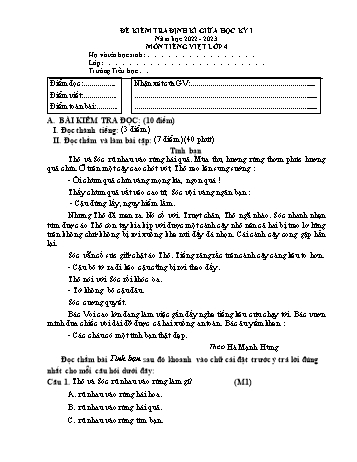 Đề kiểm tra định kì giữa học kỳ I năm học 2022-2023 môn Tiếng Việt Lớp 4 (Hướng dẫn chấm)