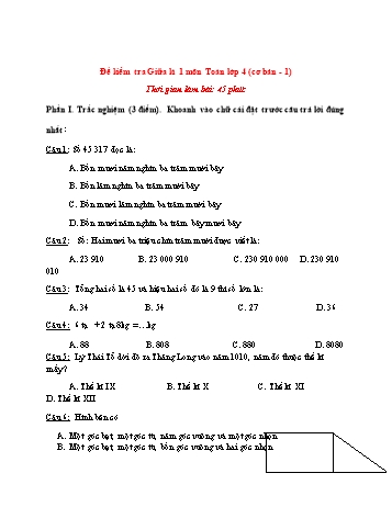 Đề kiểm tra giữa kì 1 môn Toán Lớp 4 cơ bản