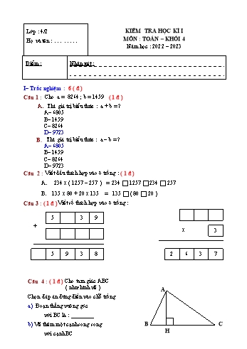 Đề kiểm tra học kì I môn Toán Khối 4 - Năm học 2022-2023 (Có đáp án)
