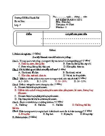 Đề kiểm tra học kỳ I môn Khoa học Lớp 4 - Năm học 2022-2023 - Trường Tiểu học Mai Thanh Thế (Có đáp án)