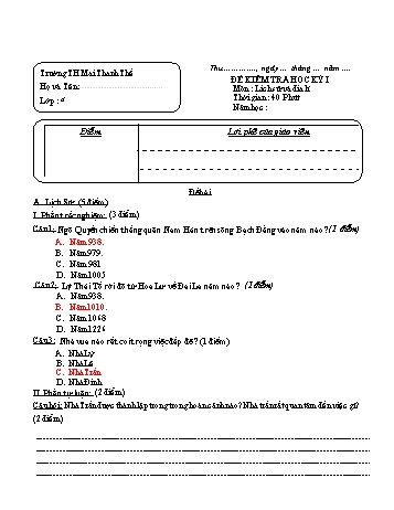 Đề kiểm tra học kỳ I môn Lịch sử và Địa lí Lớp 4 - Năm học 2022-2023 - Trường Tiểu học Mai Thanh Thế (Có đáp án)