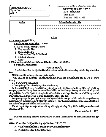 Đề kiểm tra học kỳ I môn Tiếng Việt Lớp 4 - Năm học 2022-2023 - Trường Tiểu học Ba Hàng (Có đáp án)