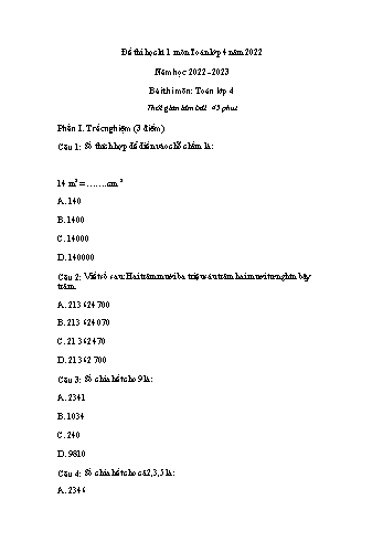 Đề thi học kì I môn Toán Lớp 4 - Năm học 2022-2023 (Có đáp án)