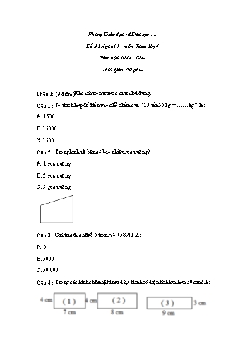 Đề thi học kì I môn Toán Lớp 4 - Năm học 2022-2023