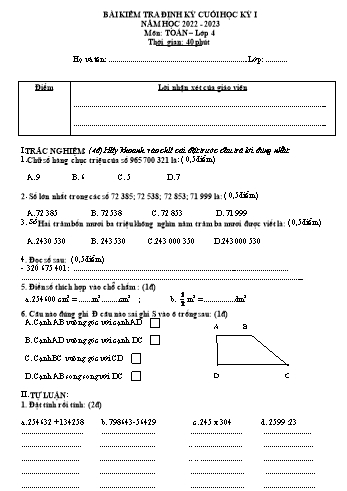 Bài kiểm tra định kỳ cuối học kỳ I năm học 2022-2023 môn Toán Lớp 4 (Có đáp án)