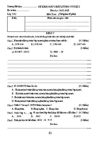 Đề khảo sát chất lượng cuối kì I năm học 2022-2023 môn Toán Lớp 4 - Đề số 7(Có đáp án)