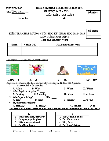 Đề kiểm tra chất lượng cuối học kỳ I năm học 2022-2023 môn Tiếng Anh Lớp 4 (Có đáp án)