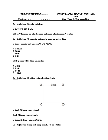 Đề kiểm tra cuối học kì I năm học 2022-2023 môn Toán 4 (Có đáp án)