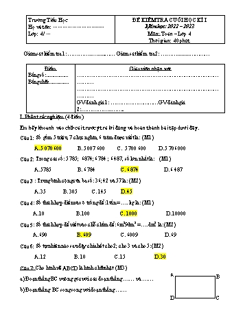 Đề kiểm tra cuối học kì I năm học 2022-2023 môn Toán Lớp 4 (Có đáp án)