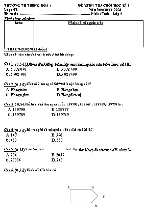 Đề kiểm tra cuối học kì I năm học 2022-2023 môn Toán Lớp 4 - Trường TH Trung Hòa 1
