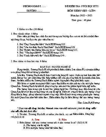 Đề kiểm tra cuối học kỳ I môn Tiếng Việt Lớp 4 - Năm học 2022-2023 (Có đáp án)