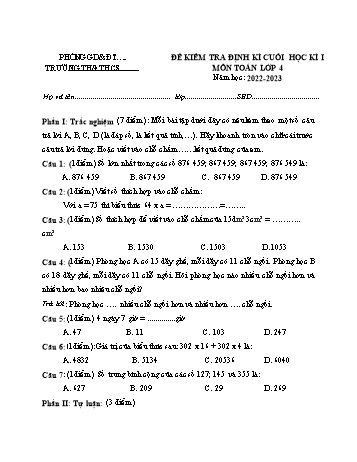 Đề kiểm tra định kì cuối học kì I môn Toán Lớp 4 - Năm học 2022-2023 (Có đáp án)