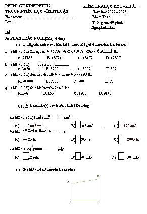 Đề kiểm tra học kỳ I Khối 4 năm học 2022-2023 môn Toán - Trường Tiểu học Vĩnh Thuận (Có đáp án)