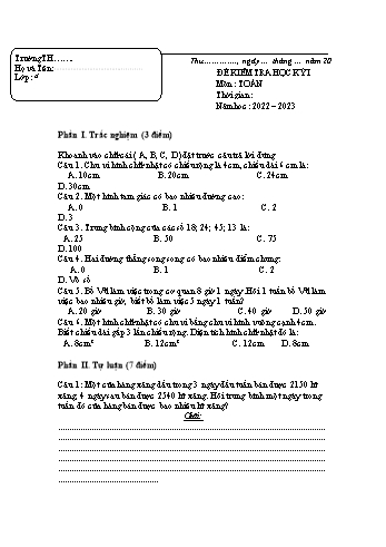 Đề kiểm tra học kỳ I môn Toán Lớp 4 - Năm học 2022-2023