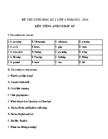 Đề thi cuối học kì 1 Lớp 4 năm 2022-2023 môn Tiếng Anh (Có đáp án)