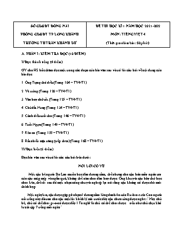 Đề thi học kì 1 năm học 2021-2022 môn Tiếng Việt Lớp 4 - Trường Tiểu học Trần Khánh Dư (Có đáp án)