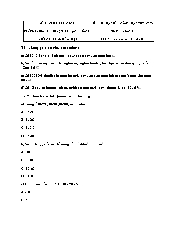 Đề thi học kì 1 năm học 2021-2022 môn Toán Lớp 4 - Trường Tiểu học Nghĩa Đạo (Có đáp án)