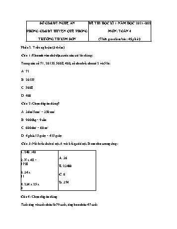 Đề thi học kì 1 năm học 2021-2022 môn Toán Lớp 4 - Trường Tiểu học Kim Sơn (Có đáp án)