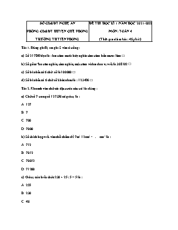 Đề thi học kì 1 năm học 2021-2022 môn Toán Lớp 4 - Trường Tiểu học Tiền Phong (Có đáp án)