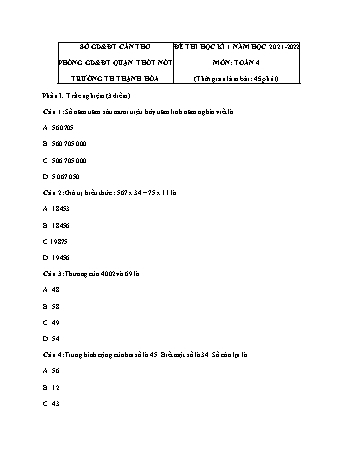 Đề thi học kì 1 năm học 2021-2022 môn Toán Lớp 4 - Trường Tiểu học Thạnh Hòa (Có đáp án)