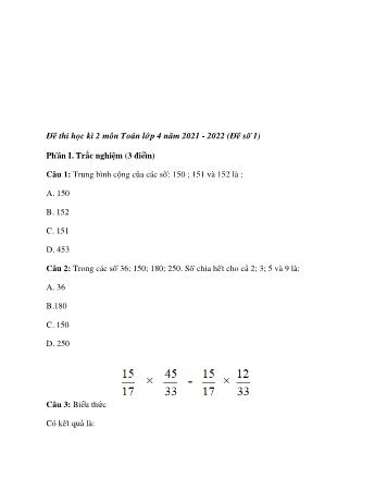 3 Đề thi học kì 2 Toán Lớp 4 - Năm học 2021-2022 (Có đáp án)