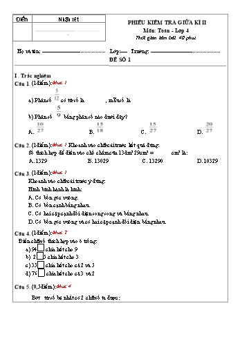 4 Phiếu kiểm tra giữa kì 2 Toán Lớp 4 (Có hướng dẫn chấm)