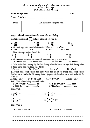 Bài kiểm tra cuối học kì 2 Toán Lớp 4 - Năm học 2021-2022 (Có hướng dẫn chấm)