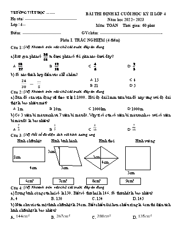 Bài thi định kì cuối học kì 2 Toán Lớp 4 - Năm học 2022-2023 (Có đáp án)